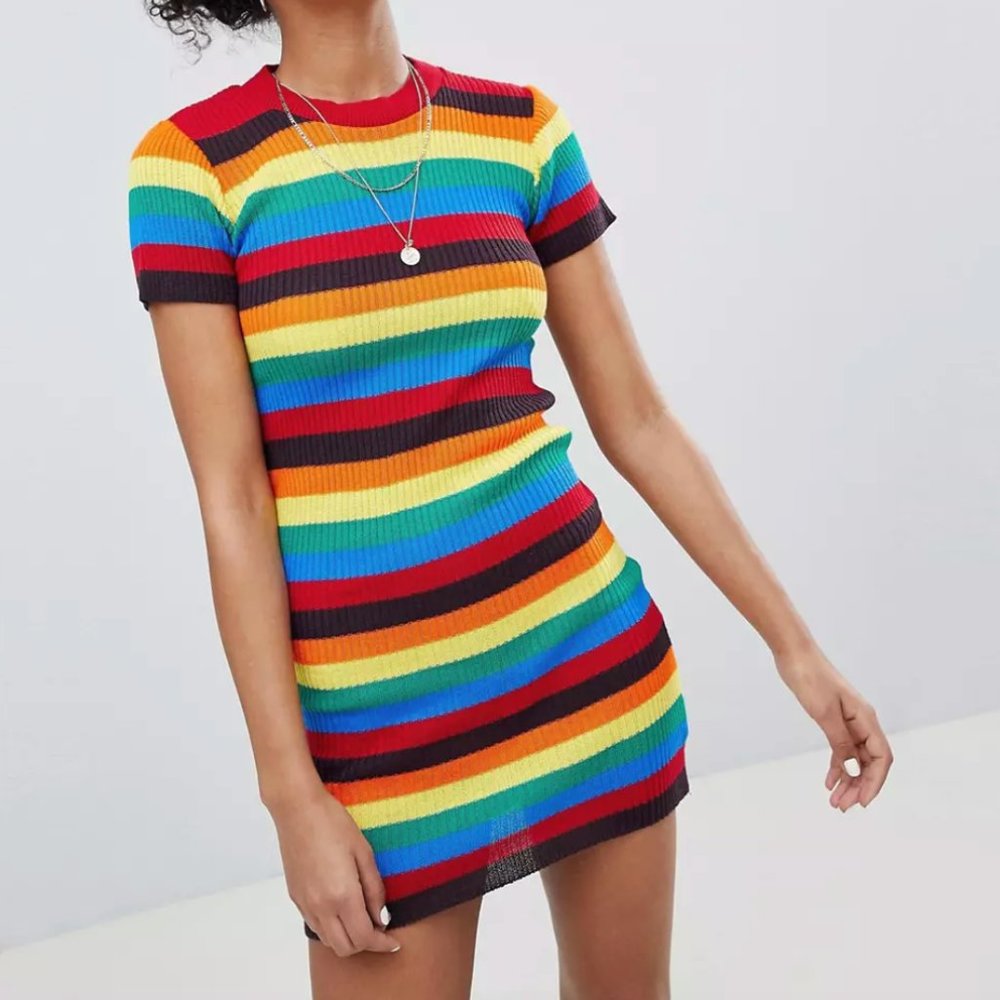 Short sleeved rainbow sweater dress